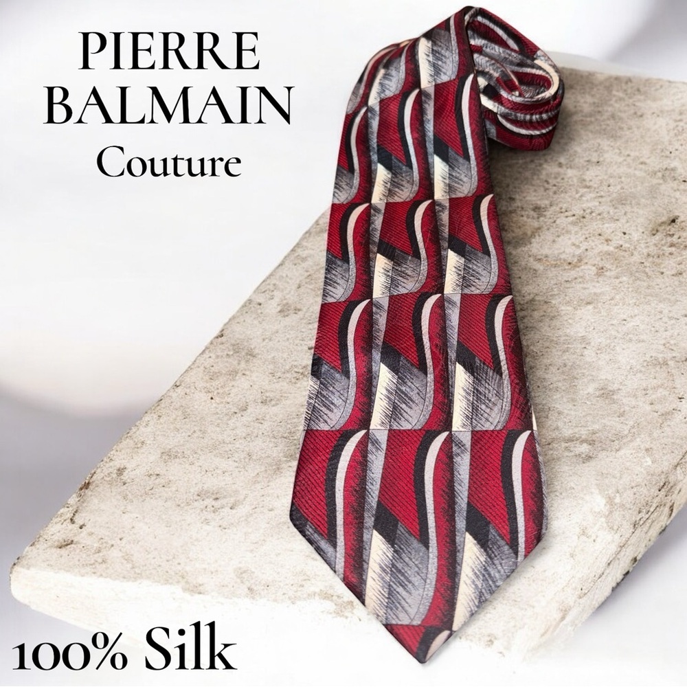 Pierre Balmain Couture 100% Silk Tie Red Gray Geometric Luxury Designer Necktie